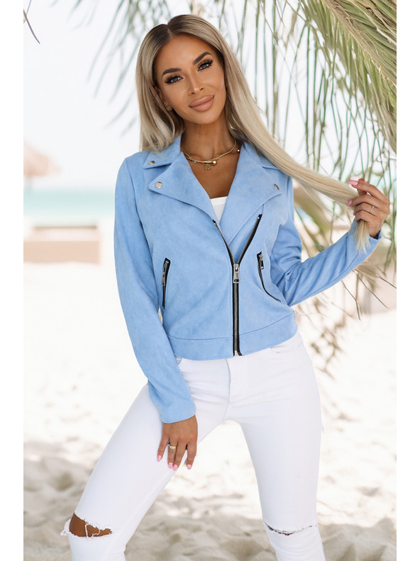 numoco Svetlo modrá semišová motorkárska bunda s dlhým rukávom a zipsami