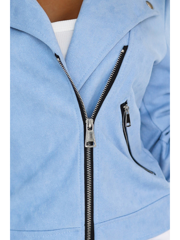 numoco Svetlo modrá semišová motorkárska bunda s dlhým rukávom a zipsami