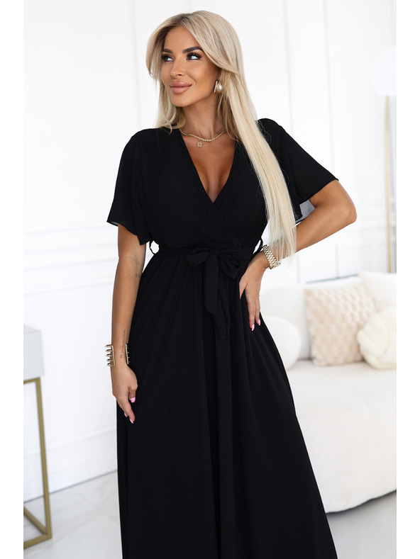 numoco Dlhé šaty s plisovaným výstrihom a zaväzovaním - čierne