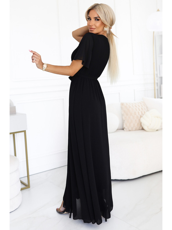 numoco Dlhé šaty s plisovaným výstrihom a zaväzovaním - čierne