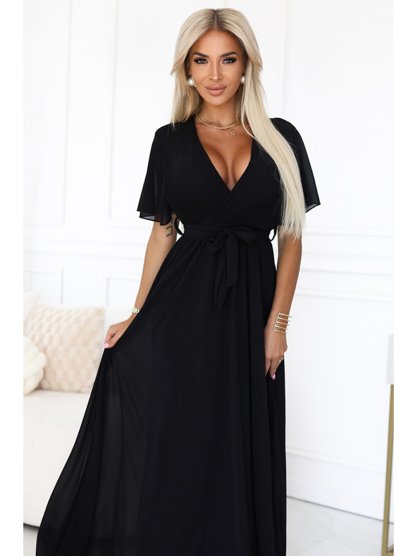 numoco Dlhé šaty s plisovaným výstrihom a zaväzovaním - čierne