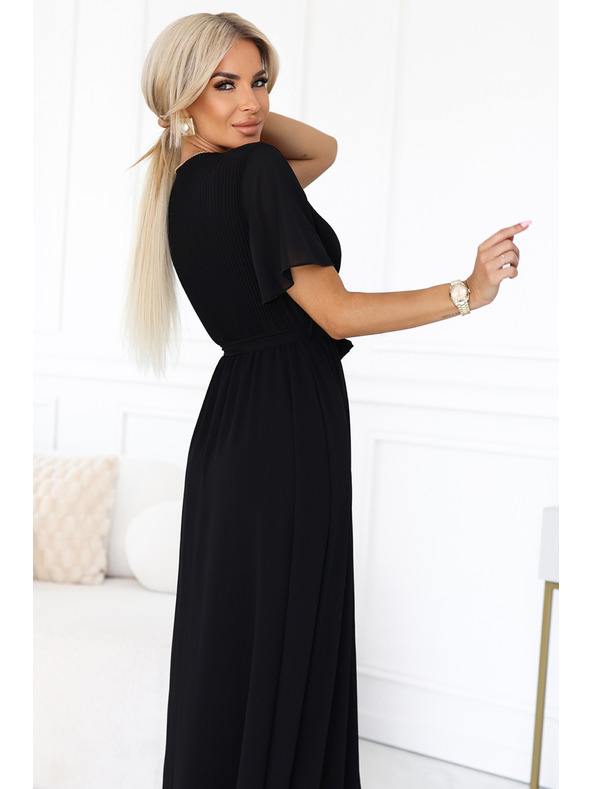 numoco Dlhé šaty s plisovaným výstrihom a zaväzovaním - čierne