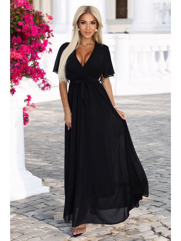 numoco Dlhé šaty s plisovaným výstrihom a zaväzovaním - čierne