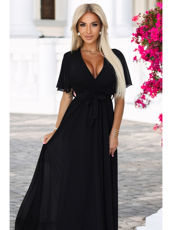 numoco Dlhé šaty s plisovaným výstrihom a zaväzovaním - čierne