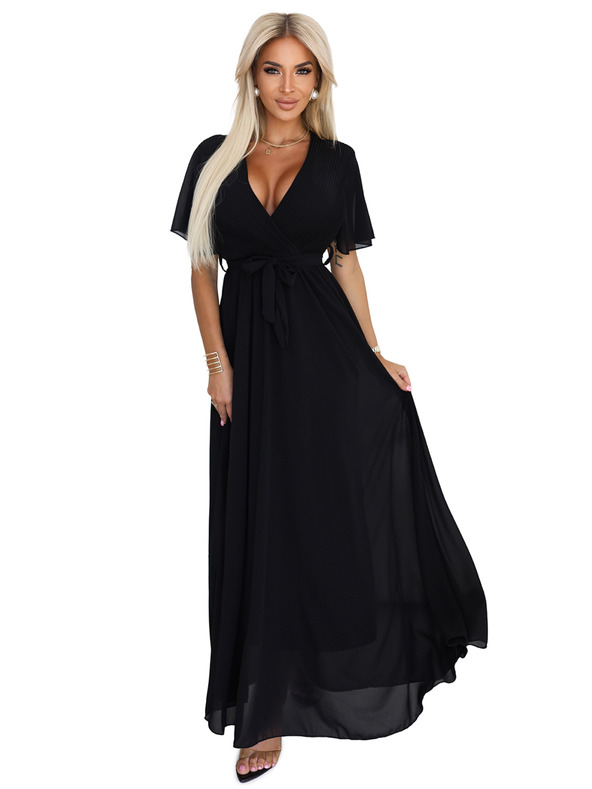 numoco Dlhé šaty s plisovaným výstrihom a zaväzovaním - čierne