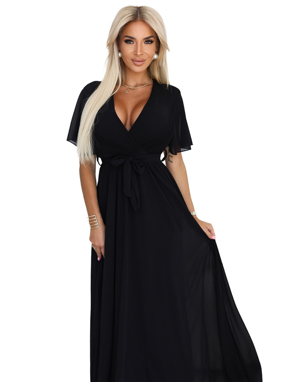 numoco Dlhé šaty s plisovaným výstrihom a zaväzovaním - čierne