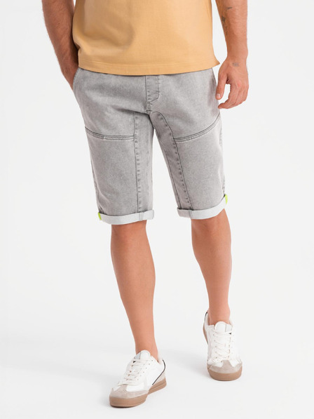 Ombre Clothing Pánske džínsové kraťasy so zdobným prešívaním - svetlo sivé