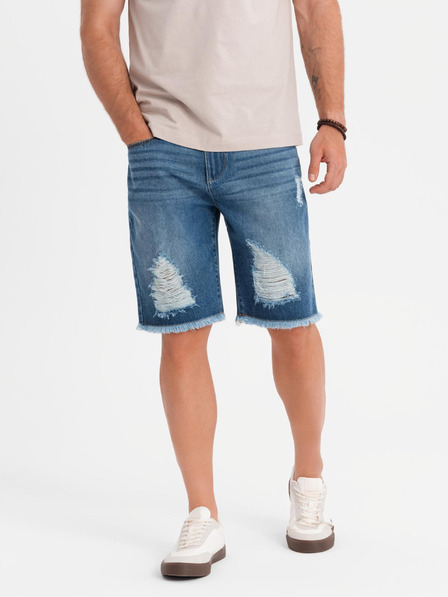 Ombre Clothing Pánske džínsové kraťasy s dierami a trhlinami - modré