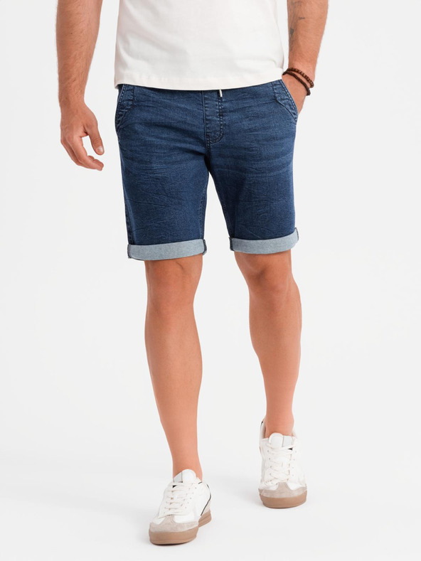 Ombre Clothing Pánske džínsové šortky s ohrnutým lemom - tmavo modré