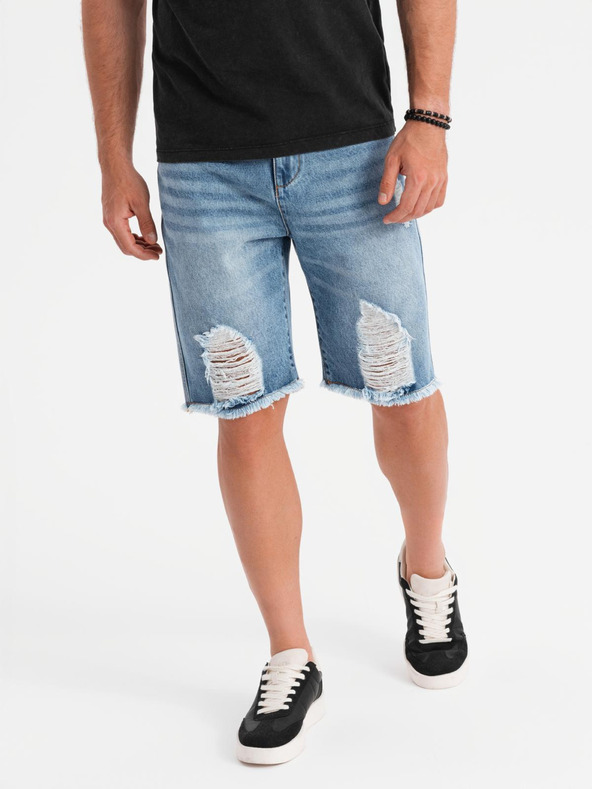 Ombre Clothing Pánske krátke džínsové šortky s dierami a trhlinami - svetlo modré