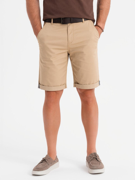 Ombre Clothing Pánske klasické chino šortky s ohrnutým lemom - béžové