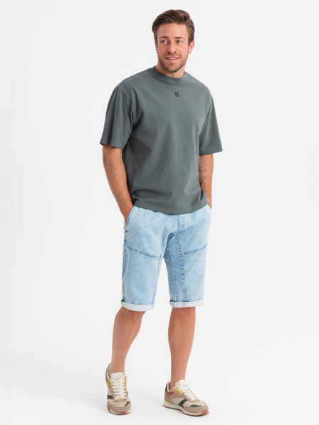 Ombre Clothing Pánske krátke džínsové šortky s ozdobným prešívaním - svetlomodré