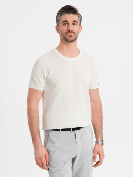 Ombre Clothing Pánske pletené tričko s jemnou textúrou - biele