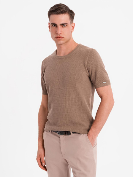 Ombre Clothing Pánska pletená košeľa s jemnou textúrou - svetlohnedá