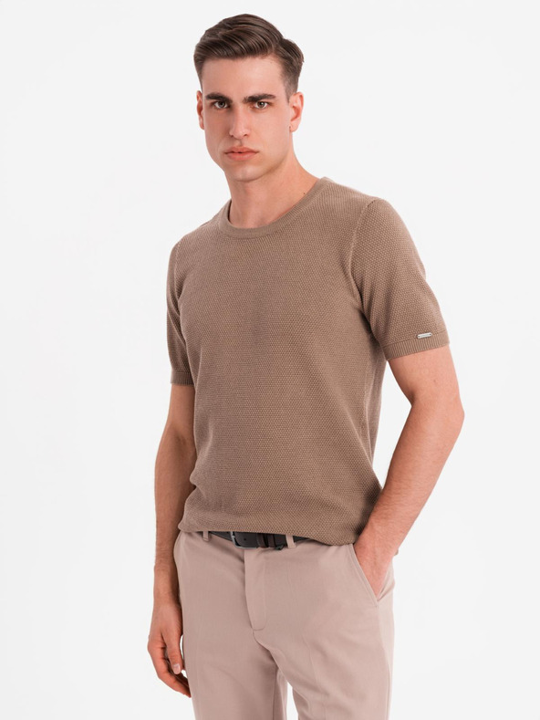 Ombre Clothing Pánska pletená košeľa s jemnou textúrou - svetlohnedá