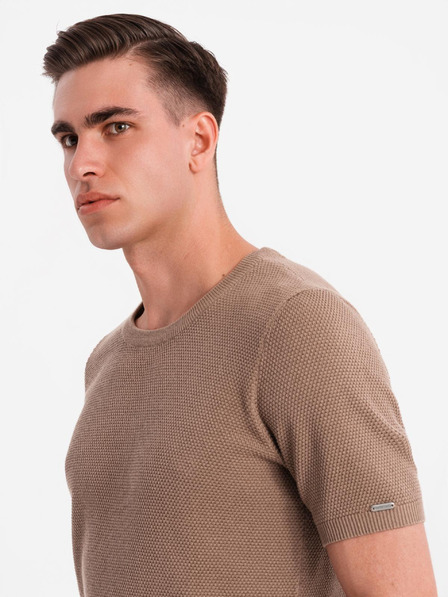 Ombre Clothing Pánska pletená košeľa s jemnou textúrou - svetlohnedá