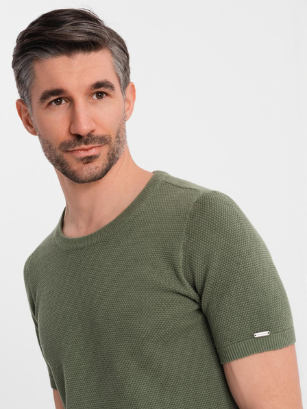 Ombre Clothing Pánska pletená košeľa s jemnou textúrou - olivová