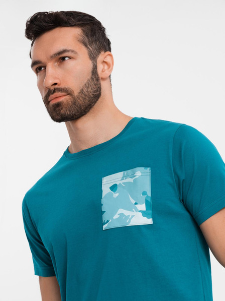 Ombre Clothing Pánske bavlnené tričko s potlačou vrecka - tyrkysové