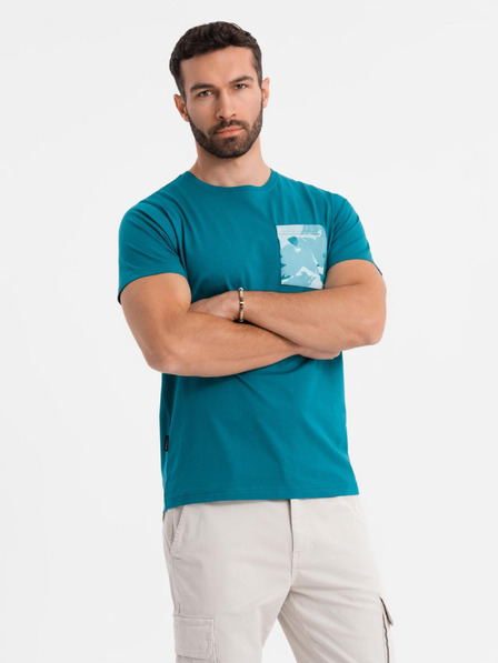 Ombre Clothing Pánske bavlnené tričko s potlačou vrecka - tyrkysové