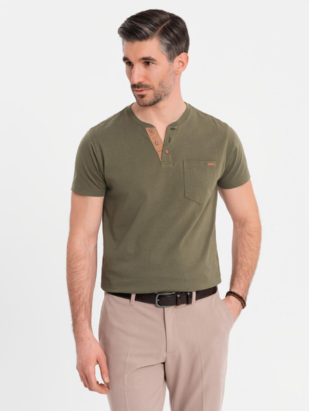 Ombre Clothing Pánske tričko s výstrihom na gombíky a semišovým lemom - tmavo olivové