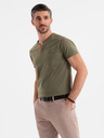 Ombre Clothing Pánske tričko s výstrihom na gombíky a semišovým lemom - tmavo olivové