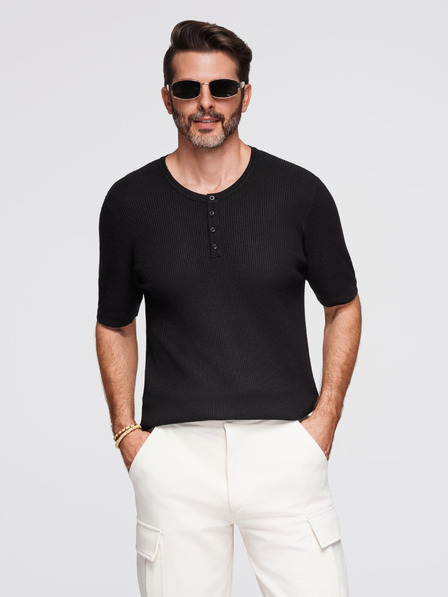 Ombre Clothing Pánske pletené tričko s gombíkmi pri výstrihu - čierne