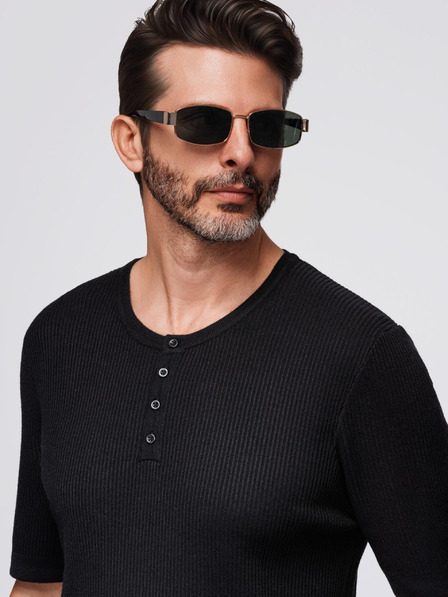 Ombre Clothing Pánske pletené tričko s gombíkmi pri výstrihu - čierne