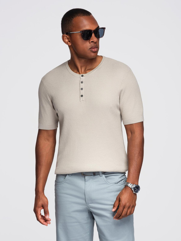 Ombre Clothing Pánske pletené tričko s gombíkmi pri výstrihu - svetlo sivé