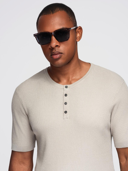 Ombre Clothing Pánske pletené tričko s gombíkmi pri výstrihu - svetlo sivé
