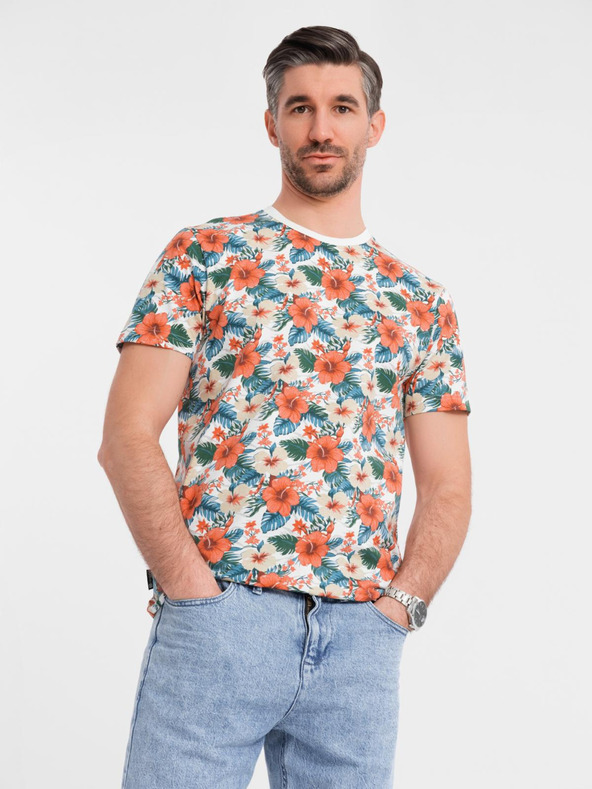 Ombre Clothing Pánske bavlnené tričko s kvetinovým vzorom a celooplošnou potlačou - biele