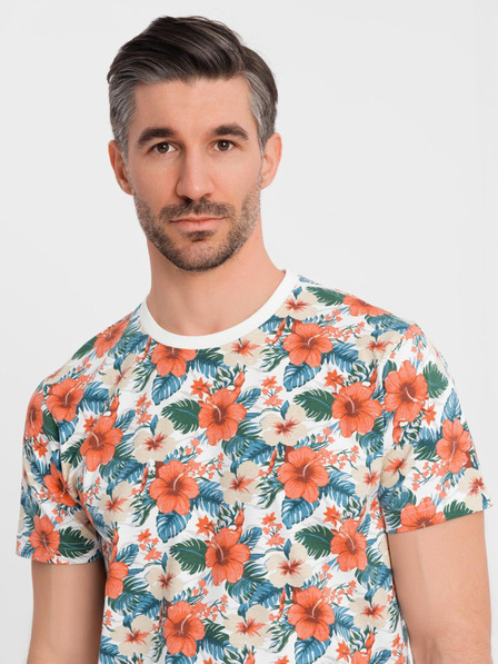 Ombre Clothing Pánske bavlnené tričko s kvetinovým vzorom a celooplošnou potlačou - biele
