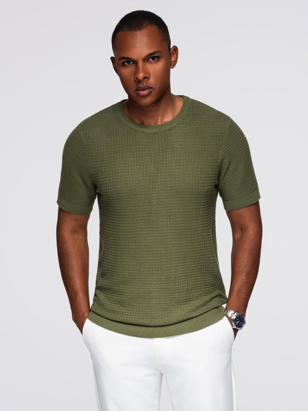 Ombre Clothing Pánske štruktúrované pletené tričko - olivové