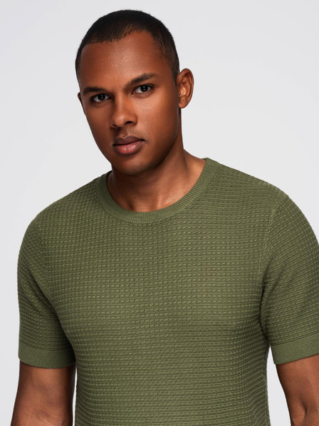 Ombre Clothing Pánske štruktúrované pletené tričko - olivové