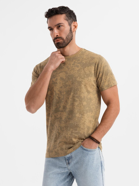 Ombre Clothing Pánske vzorované bavlnené tričko s krátkym rukávom - olivové