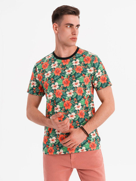 Ombre Clothing Pánske bavlnené tričko s kvetinovým vzorom - čierne