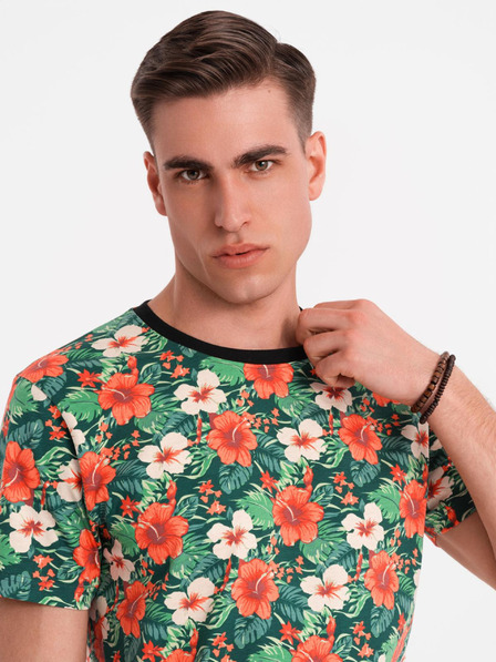 Ombre Clothing Pánske bavlnené tričko s kvetinovým vzorom - čierne