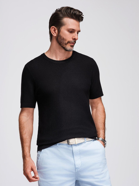 Ombre Clothing Pánske štruktúrované pletené tričko - čierne