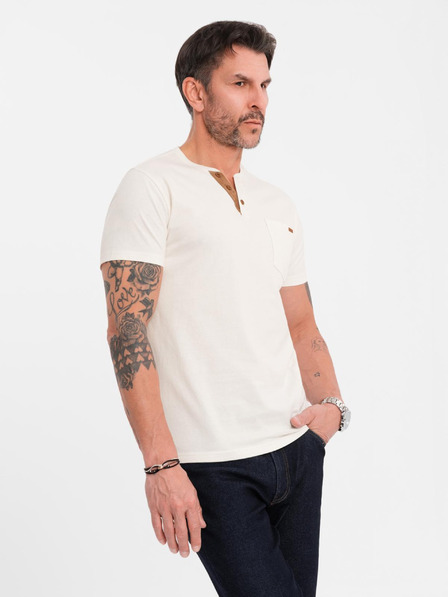 Ombre Clothing Pánske tričko s gombíkovým výstrihom a semišovým lemom - biele