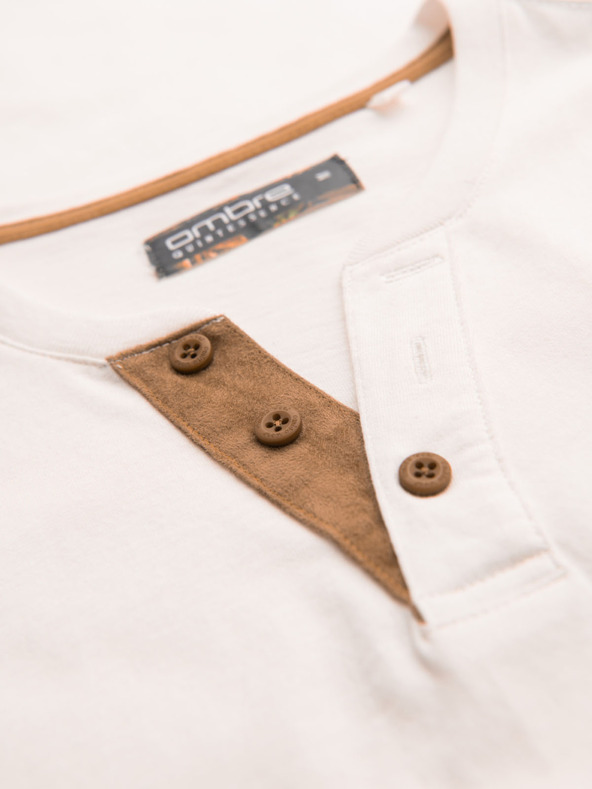 Ombre Clothing Pánske tričko s gombíkovým výstrihom a semišovým lemom - biele