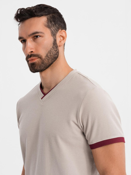 Ombre Clothing Pánske tričko s kontrastnými vsadkami a výstrihom do V - béžové