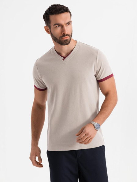 Ombre Clothing Pánske tričko s kontrastnými vsadkami a výstrihom do V - béžové