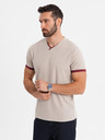 Ombre Clothing Pánske tričko s kontrastnými vsadkami a výstrihom do V - béžové