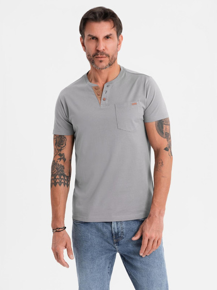 Ombre Clothing Pánske tričko s gombíkovým výstrihom a semišovým lemom - sivé