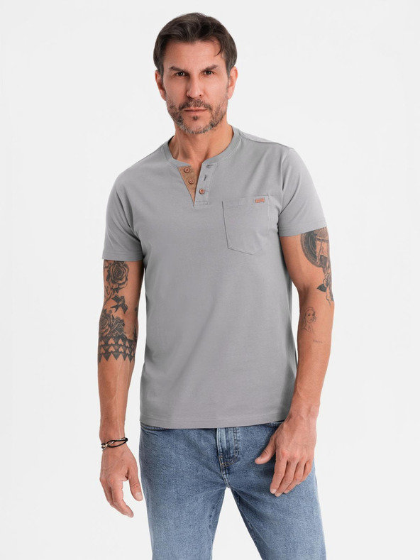 Ombre Clothing Pánske tričko s gombíkovým výstrihom a semišovým lemom - sivé
