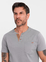 Ombre Clothing Pánske tričko s gombíkovým výstrihom a semišovým lemom - sivé