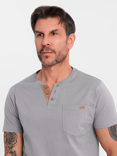 Ombre Clothing Pánske tričko s gombíkovým výstrihom a semišovým lemom - sivé