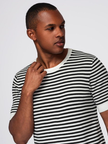 Ombre Clothing Pánske námorníckej pruhované pletené tričko s prerušovanou väzbou - čiernobiele