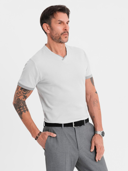 Ombre Clothing Pánske tričko s kontrastnými vsadkami a výstrihom do V - svetlo sivé