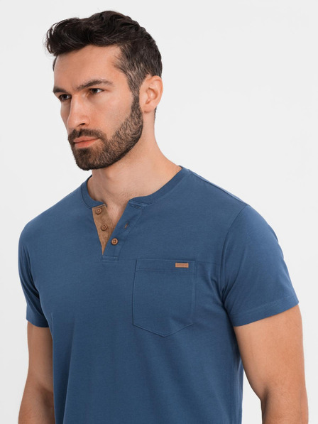 Ombre Clothing Pánske tričko s gombíkovým výstrihom a semišovým lemom - tmavo modré