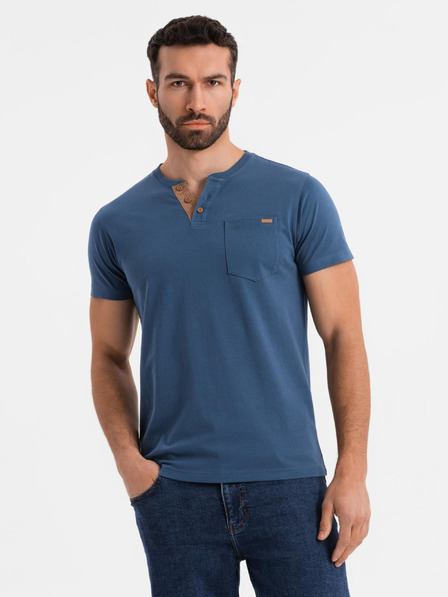 Ombre Clothing Pánske tričko s gombíkovým výstrihom a semišovým lemom - tmavo modré